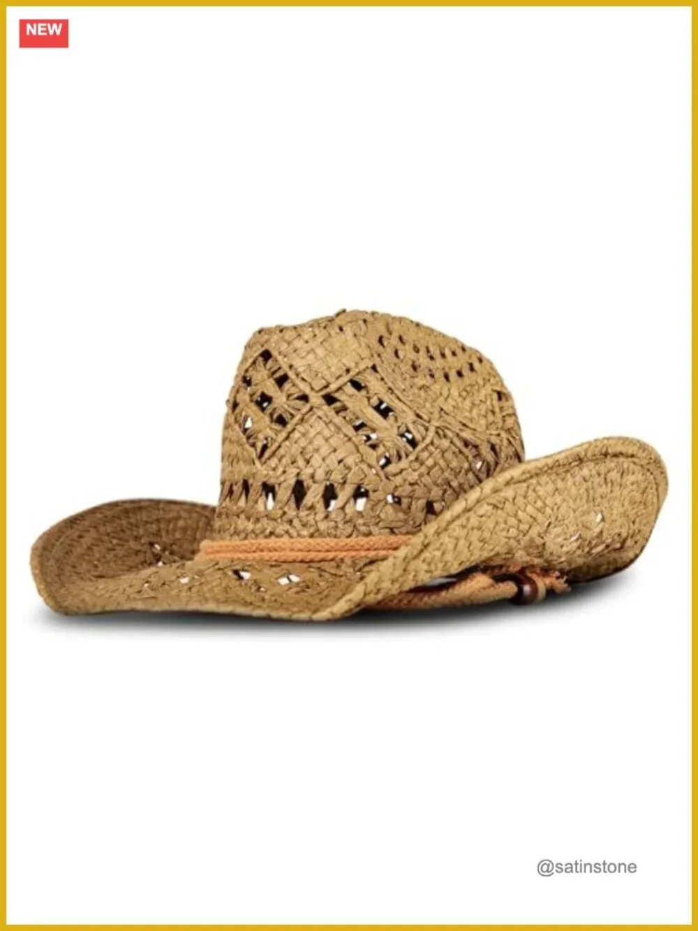 Woven Straw Cowboy Hat with Rope Detail, Wide Brim Sun Protection, Adjustable